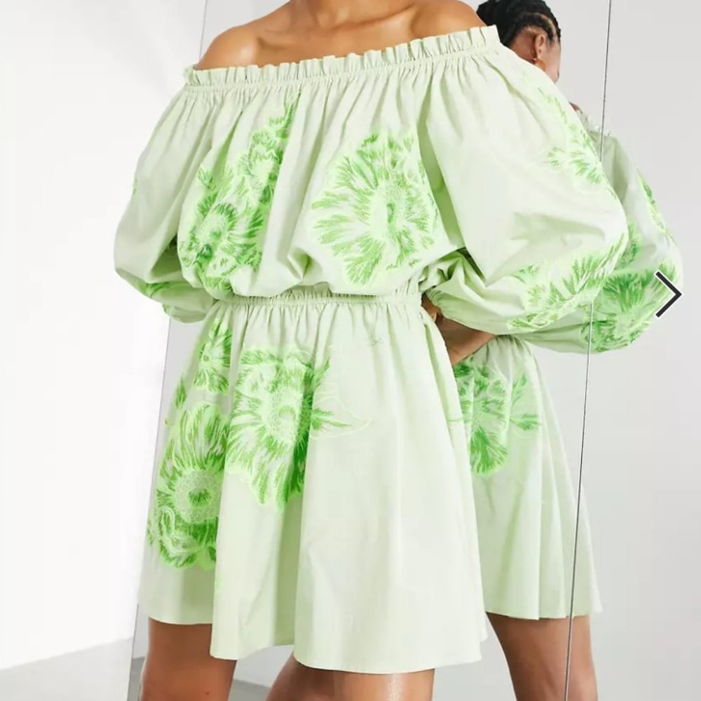 ASOS EDITION off shoulder floral embroidered mini dress with tie waist in apple